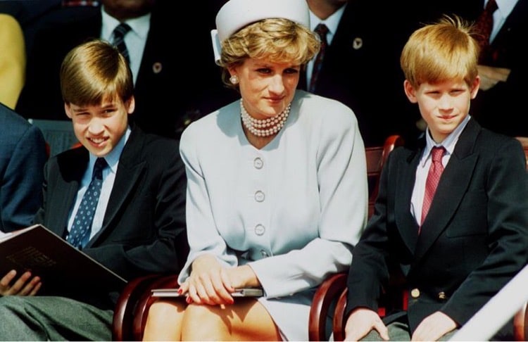 Princess Diana, Princess of Wales with her sons Prince William and Prince Harry attend a service in Hyde Park on May 7, 1995 in London